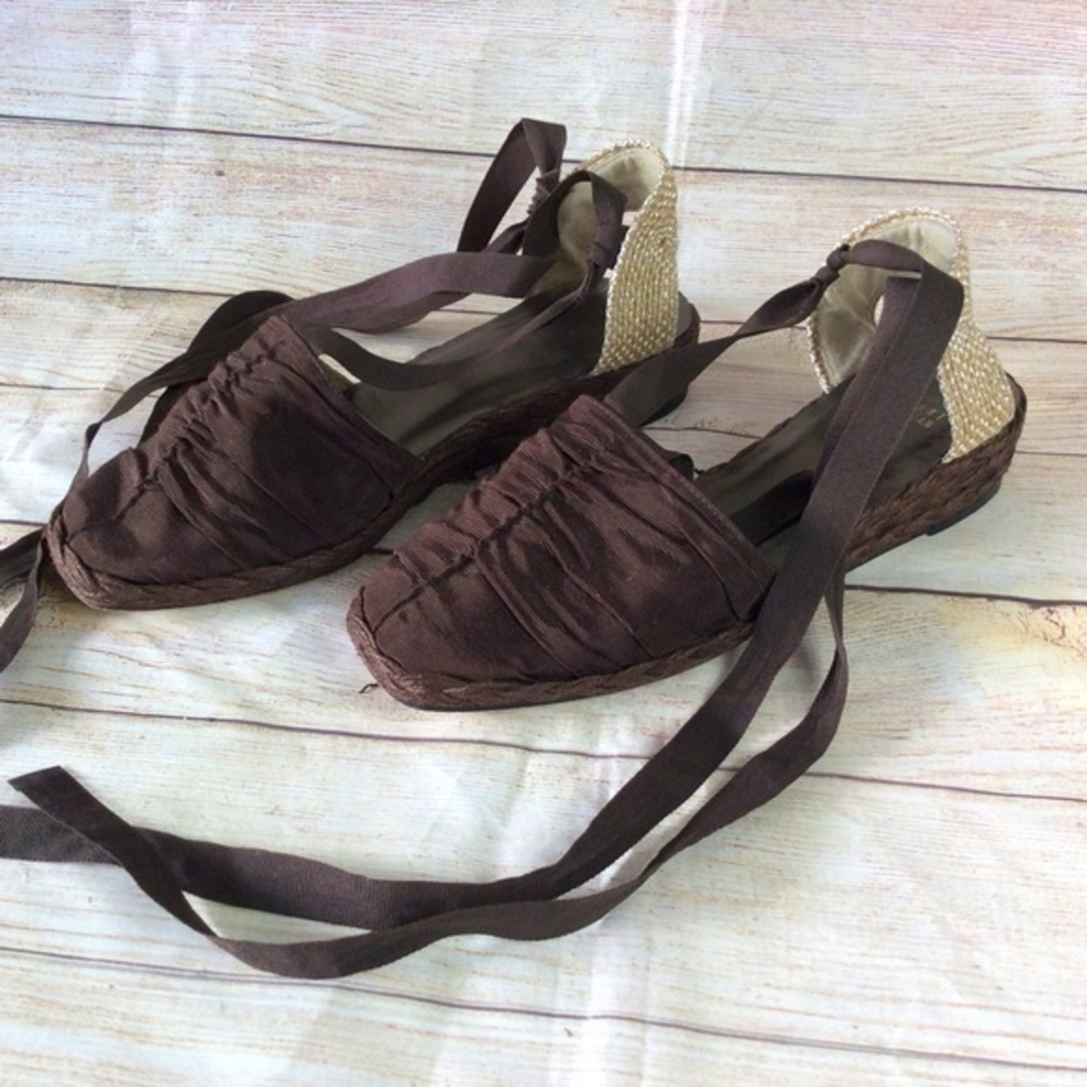Stuart Weitzman Brown and Natural Espadrille Lace-Up Flats